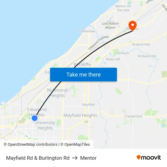 Mayfield Rd & Burlington Rd to Mentor map