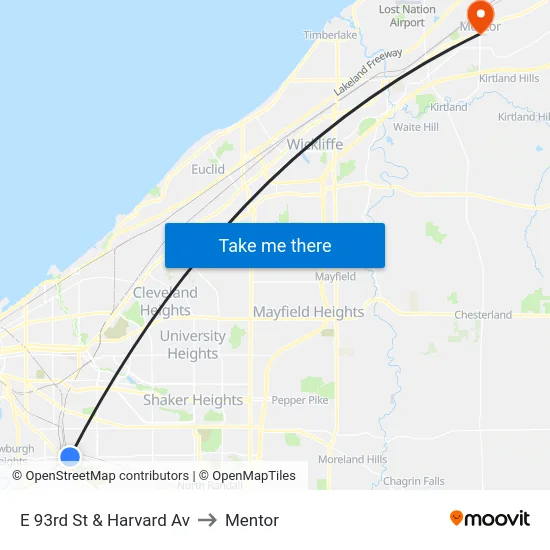 E 93rd St & Harvard Av to Mentor map
