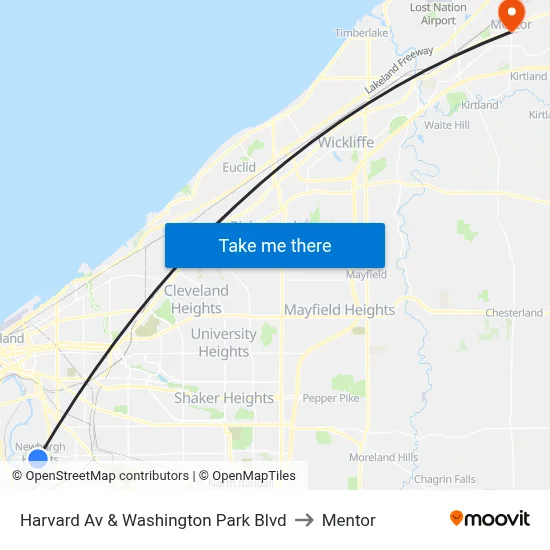 Harvard Av & Washington Park Blvd to Mentor map