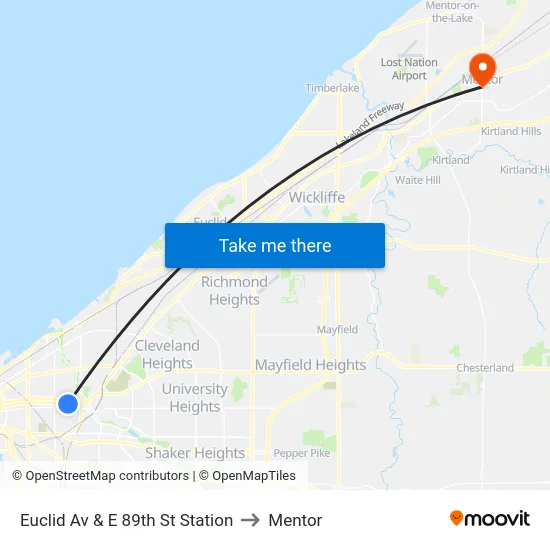 Euclid Av & E 89th St Station to Mentor map