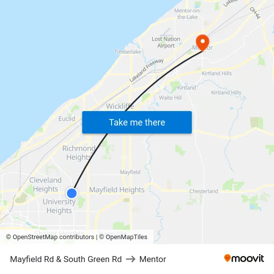 Mayfield Rd & South Green Rd to Mentor map
