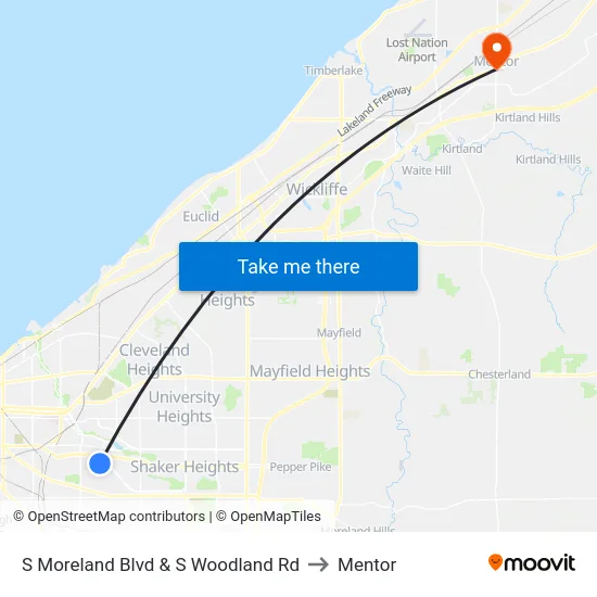 S Moreland Blvd & S Woodland Rd to Mentor map