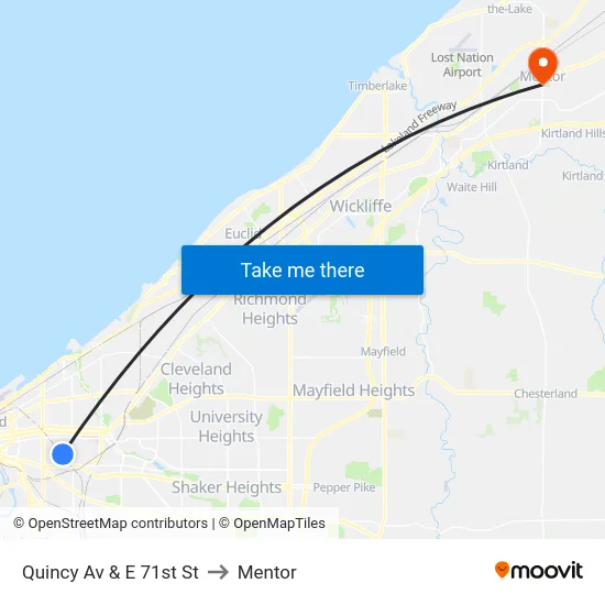 Quincy Av & E 71st St to Mentor map