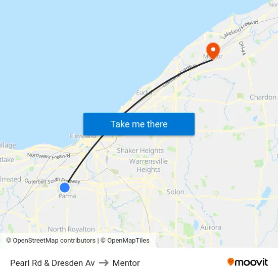 Pearl Rd & Dresden Av to Mentor map
