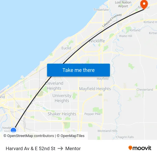 Harvard Av & E 52nd St to Mentor map