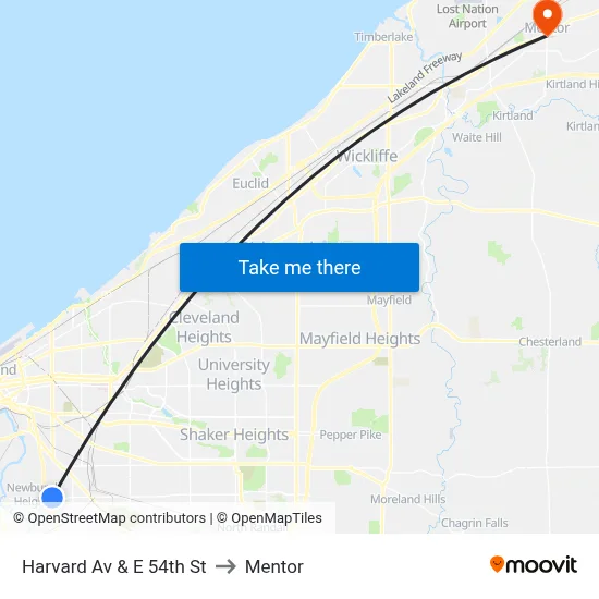 Harvard Av & E 54th St to Mentor map