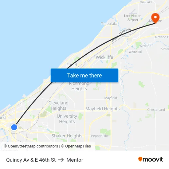Quincy Av & E 46th St to Mentor map