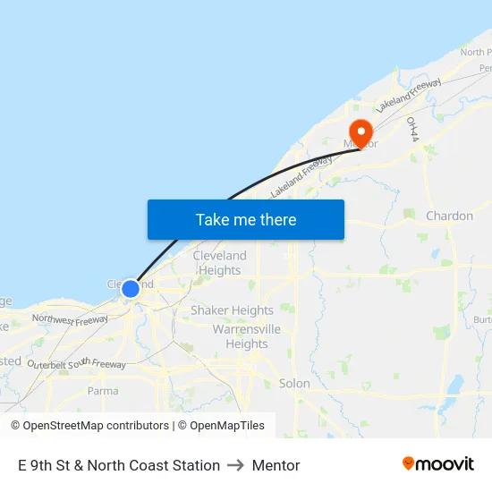 E 9th St & North Coast Station to Mentor map