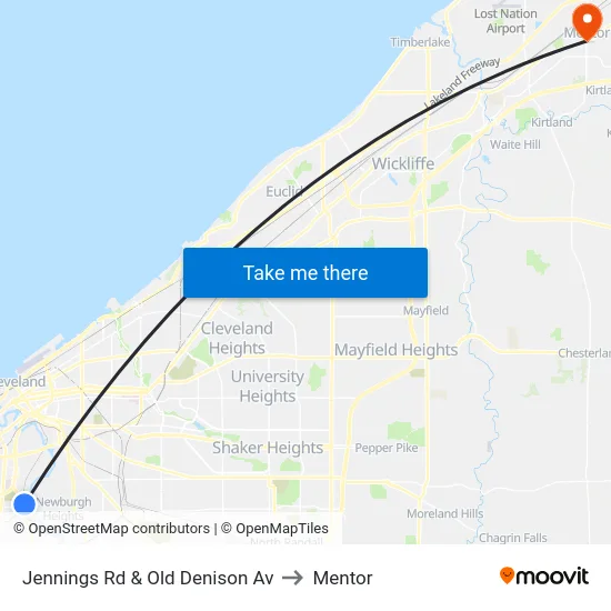 Jennings Rd & Old Denison Av to Mentor map