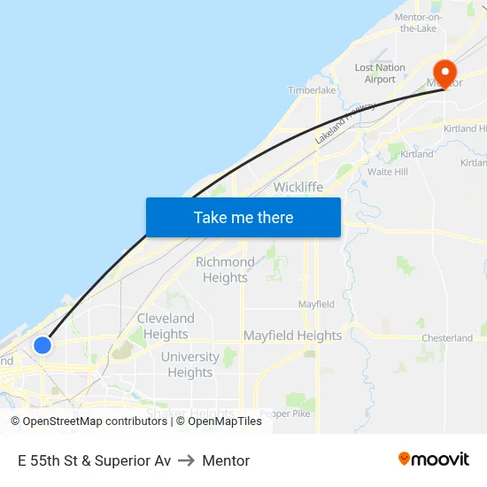 E 55th St & Superior Av to Mentor map