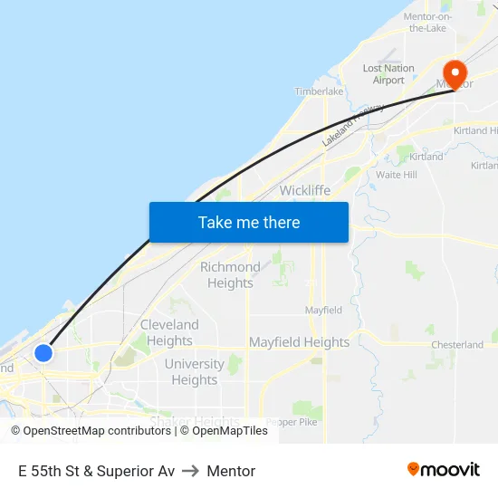 E 55th St & Superior Av to Mentor map