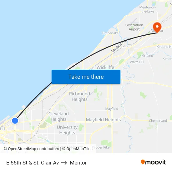 E 55th St & St. Clair Av to Mentor map