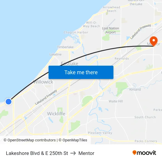 Lakeshore Blvd & E 250th St to Mentor map