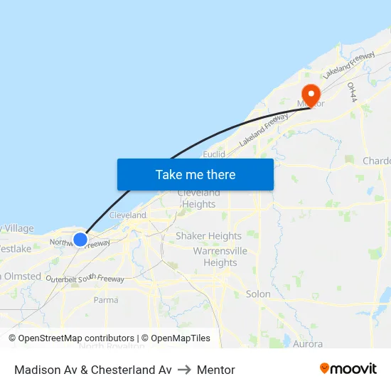 Madison Av & Chesterland Av to Mentor map
