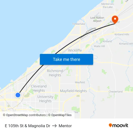 E 105th St & Magnolia Dr to Mentor map
