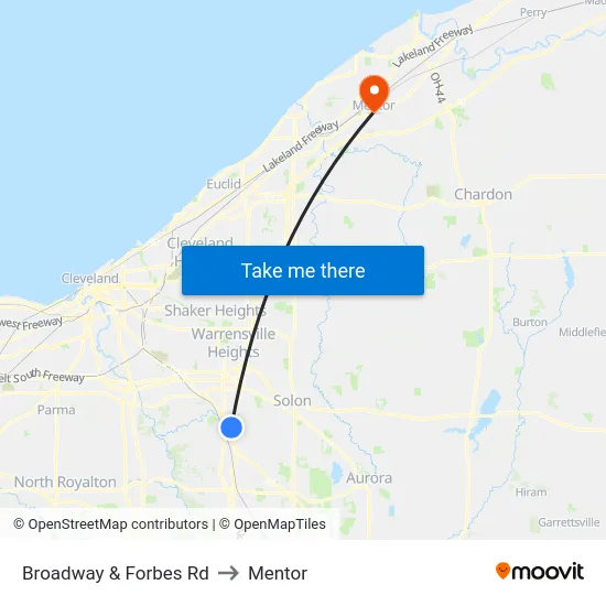 Broadway & Forbes Rd to Mentor map