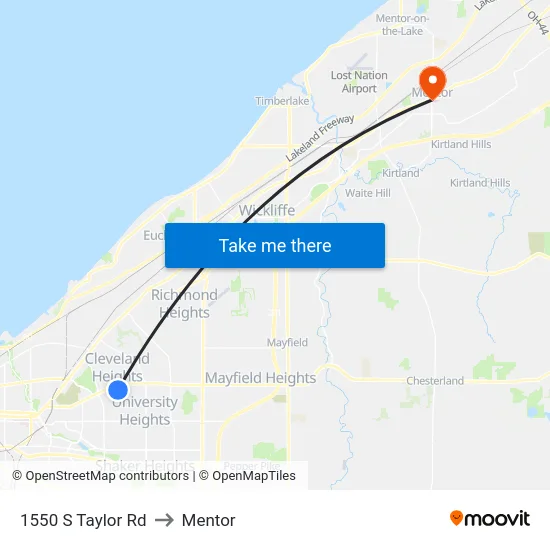1550 S Taylor Rd to Mentor map