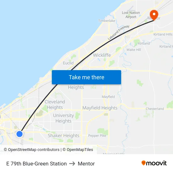 E 79th Blue-Green Station to Mentor map