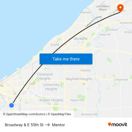 Broadway & E 55th St to Mentor map