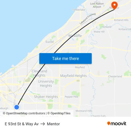 E 93rd St & Way Av to Mentor map