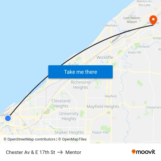 Chester Av & E 17th St to Mentor map