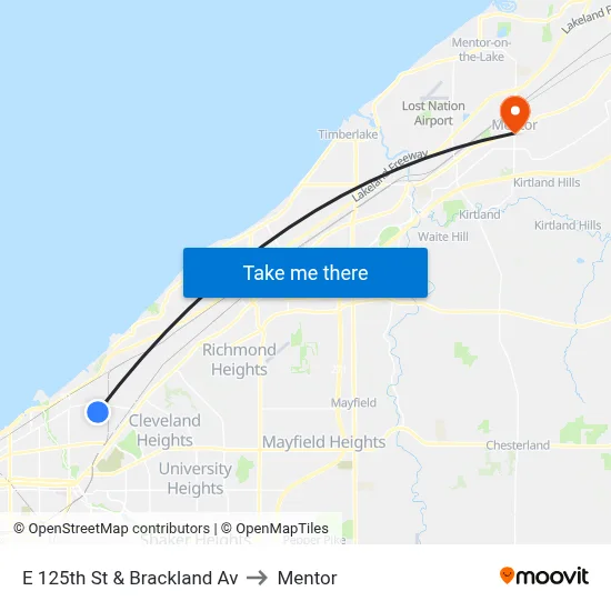 E 125th St & Brackland Av to Mentor map