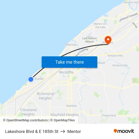 Lakeshore Blvd & E 185th St to Mentor map