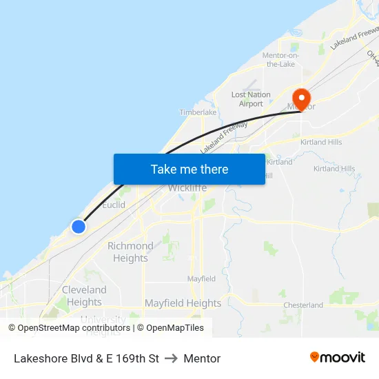 Lakeshore Blvd & E 169th St to Mentor map