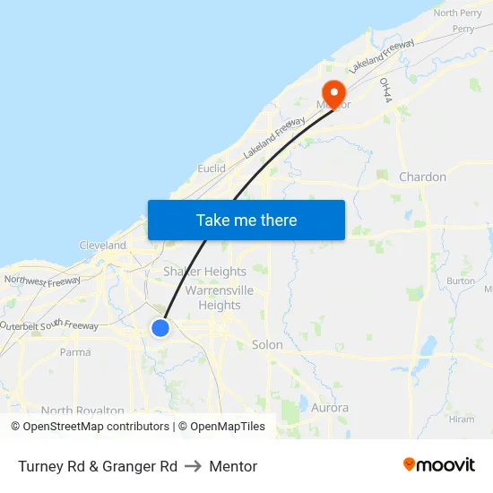 Turney Rd & Granger Rd to Mentor map