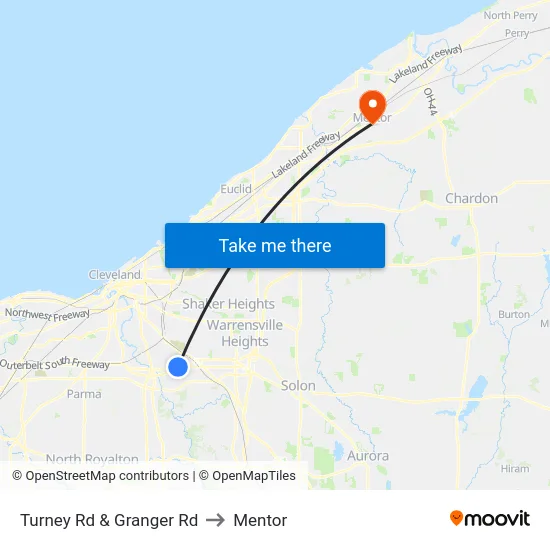 Turney Rd & Granger Rd to Mentor map