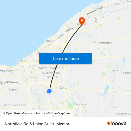 Northfield Rd & Union St to Mentor map