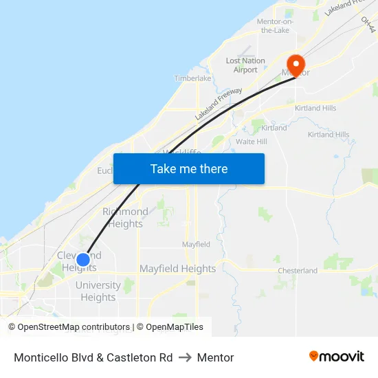 Monticello Blvd & Castleton Rd to Mentor map