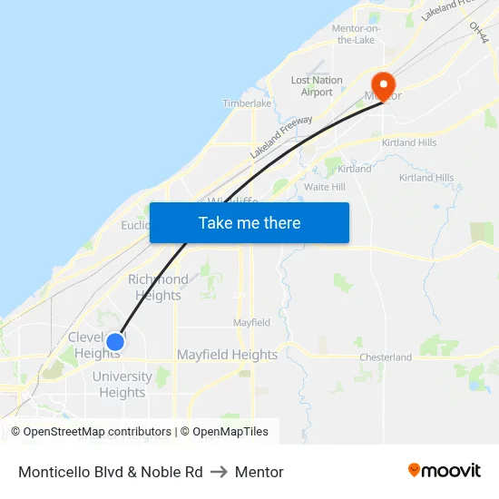 Monticello Blvd & Noble Rd to Mentor map