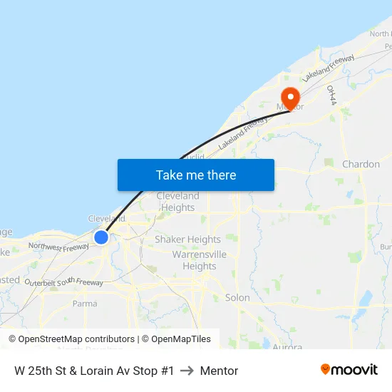 W 25th St & Lorain Av Stop #1 to Mentor map