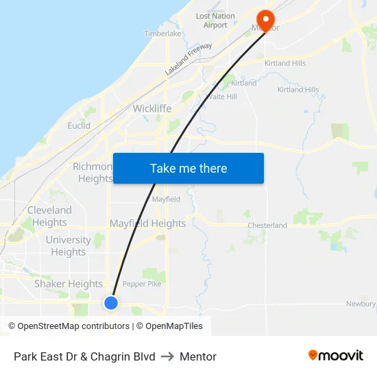 Park East Dr & Chagrin Blvd to Mentor map