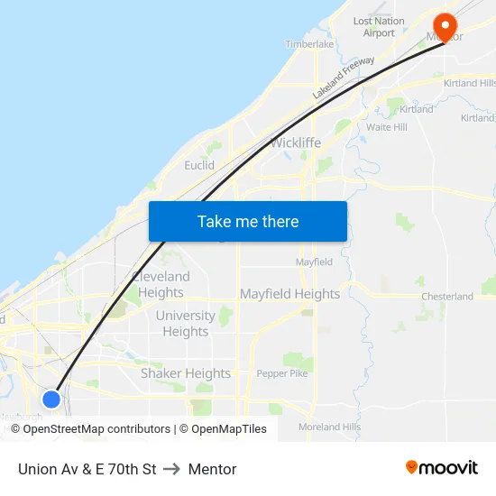 Union Av & E 70th St to Mentor map