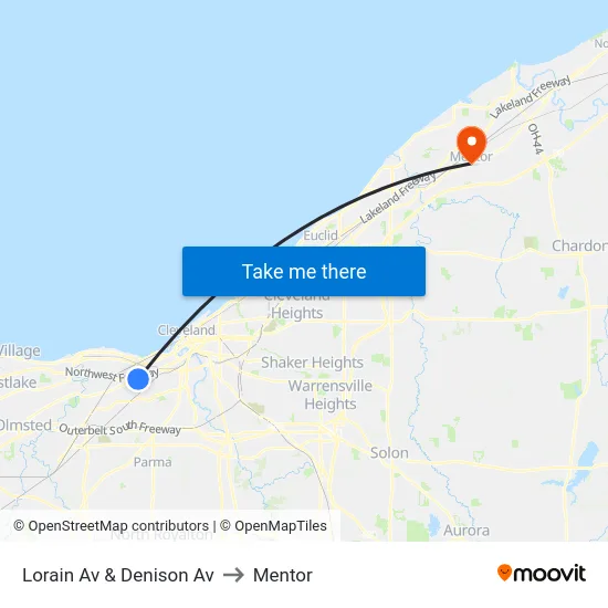 Lorain Av & Denison Av to Mentor map