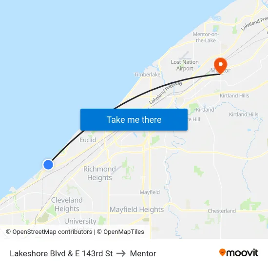 Lakeshore Blvd & E 143rd St to Mentor map