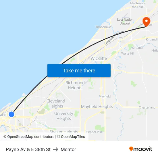 Payne Av & E 38th St to Mentor map