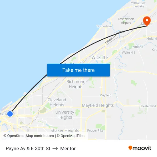 Payne Av & E 30th St to Mentor map