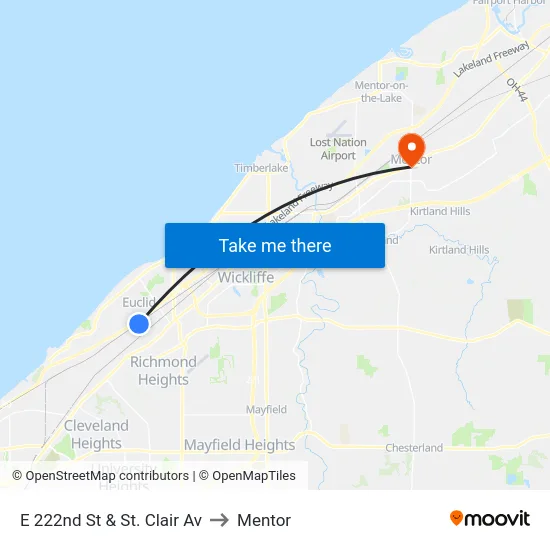 E 222nd St & St. Clair Av to Mentor map