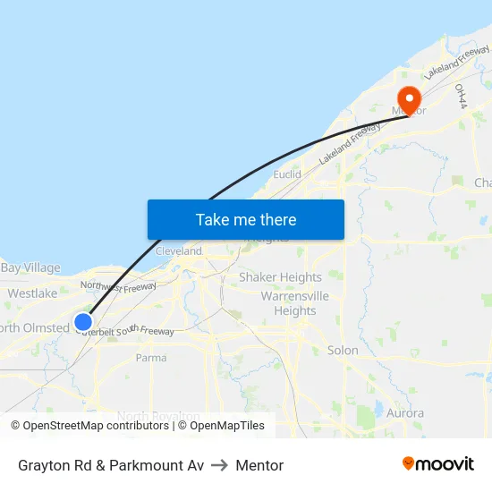 Grayton Rd & Parkmount Av to Mentor map