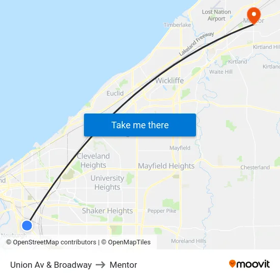 Union Av & Broadway to Mentor map