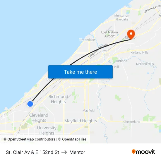 St. Clair Av & E 152nd St to Mentor map
