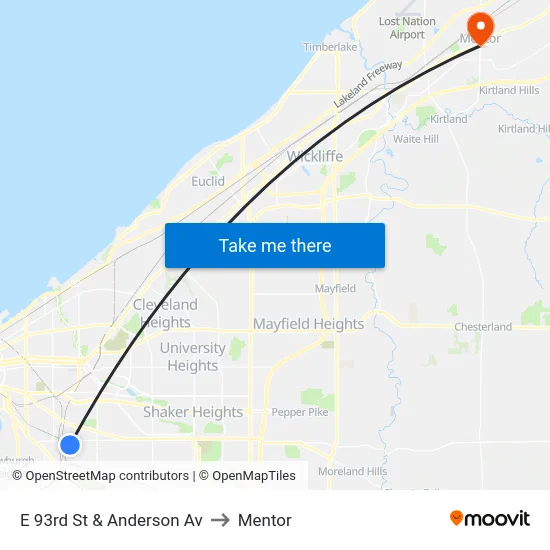 E 93rd St & Anderson Av to Mentor map