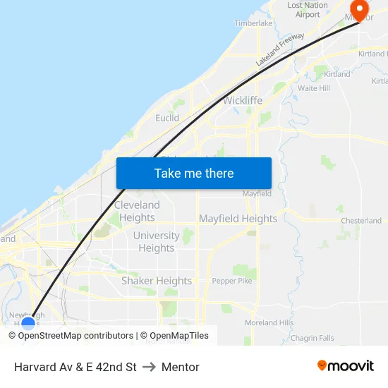 Harvard Av & E 42nd St to Mentor map