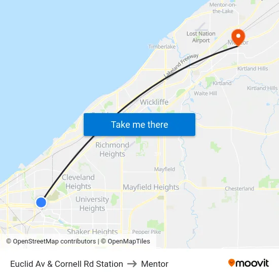 Euclid Av & Cornell Rd Station to Mentor map