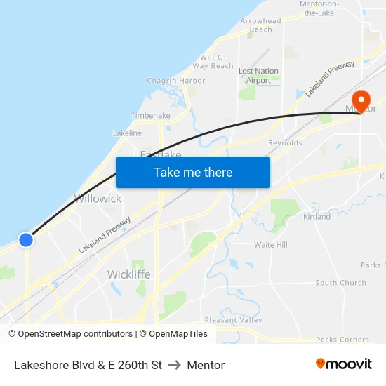 Lakeshore Blvd & E 260th St to Mentor map