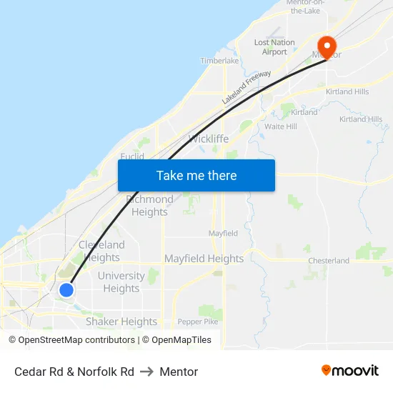 Cedar Rd & Norfolk Rd to Mentor map