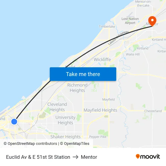 Euclid Av & E 51st St Station to Mentor map